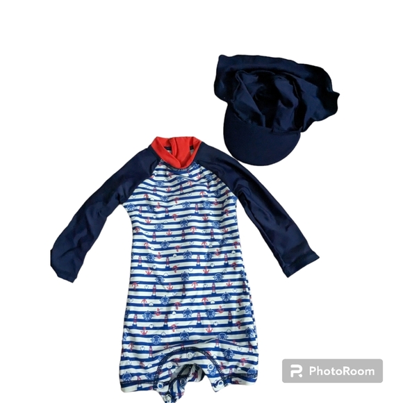 Baby One Piece Swimsuit with Sun Hat. 0-3 Months. Blue, Red, Whit… - Picture 3 of 9
